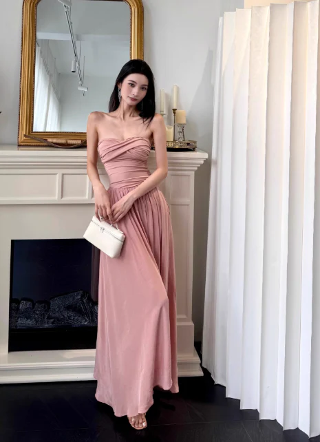 Elegant Strapless Sheath Chiffon Long Evening Dresses, Dusty Pink Formal Dresses DP3145 - Deanwangkt