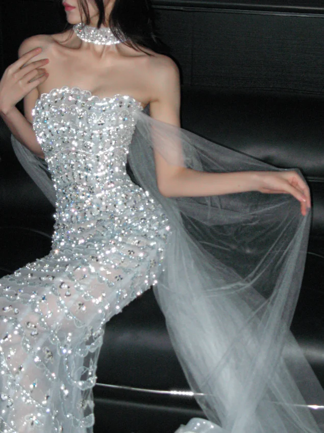 Gorgeous Strapless Mermaid Long Wedding Dresses Tulle Beaded White Bridal Dresses Sleeveless Bridal Gowns DP3701 - Deanwangkt