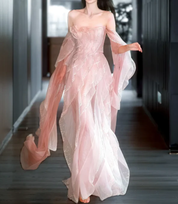 Sweet Strapless Sheath Long Prom Dresses Tulle Pink Evening Dresses DP3694 - Deanwangkt