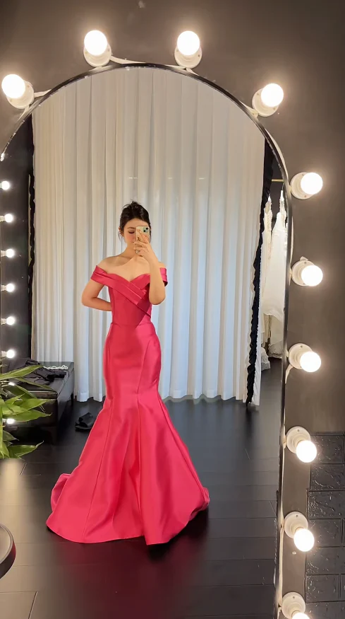 Glam Mermaid Hot Pink Long Prom Dresses Off-shoulder Satin Hot Pink Evening Dresses DP04019 - Deanwangkt
