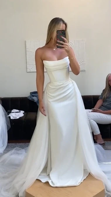 Classic Bridal Gown Mermaid Strapless Satin Long White Wedding Dresses Elegant Bridal Gowns DH856 - Deanwangkt