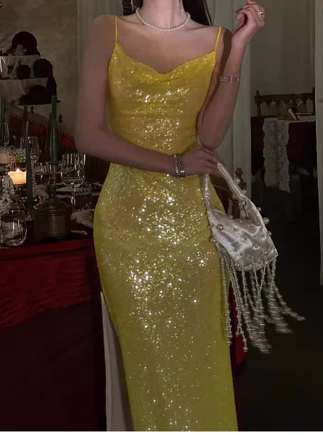 Elegant Sheath Spaghetti Strap Long Evening Gowns Yellow Sequins Special Formal Dresses Slit Prom Dresses DP2784 - Deanwangkt