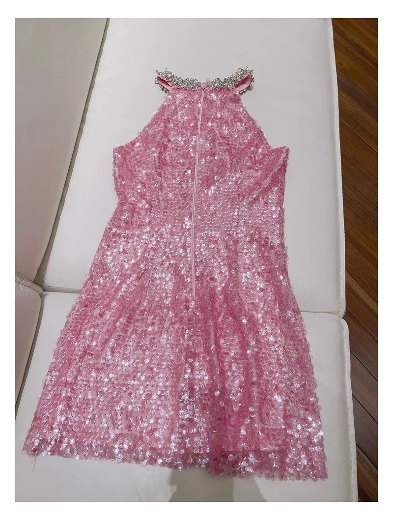 Cute Sheath High Neck Pink Sequin Formal Short 8th Grade Homecoming Dress Summer Middle School Hoco Dresses Birthday Outfits W985 - Deanwangkt