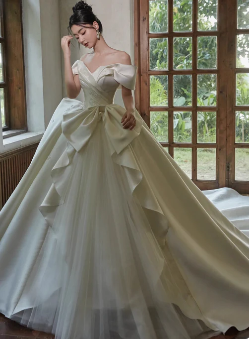 Modest Ball Gown Off-the-shoulder Bridal Dress White Satin Tulle Long Wedding Dress Elegant Lace Applique Bridal Gowns DP2816 - Deanwangkt