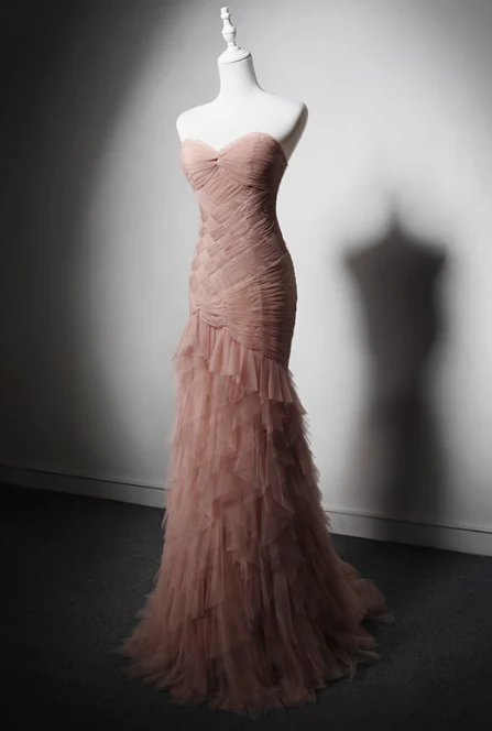 Modest Pink Mermaid Evening Gowns Tulle Tiered Sweetheart Neck Long Prom Dress Graduation Dress DH2742 - Deanwangkt