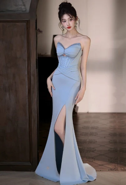 Elegant Sweetheart Mermaid Blue Long Prom Dresses with Slit Satin Blue Evening Dresses DP3877 - Deanwangkt