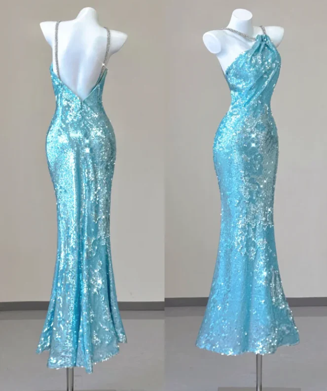 Classy Mermaid Spaghetti Straps Blue Sequin Evening Dress Long Prom Dresses P0005 - Deanwangkt