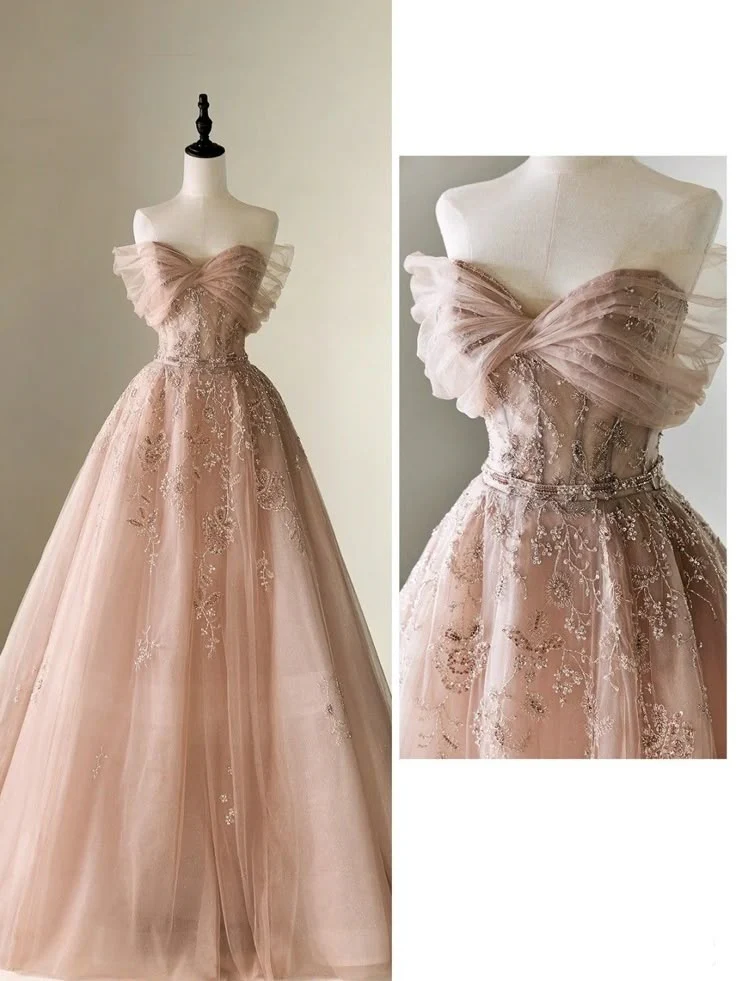 Pretty Ball Gown Off The Shoulder Pink Tulle Long Quinceanera Dress Formal Flowers Vestido De 15 Anos Sweet 16 Dress W0303 - Deanwangkt