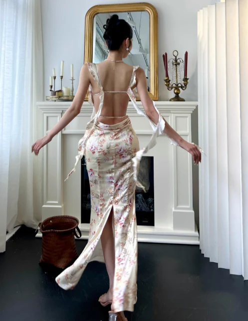 Elegant Straps Mermaid Satin Long Evening Dresses, Floral Backless Formal Dresses DP3147 - Deanwangkt