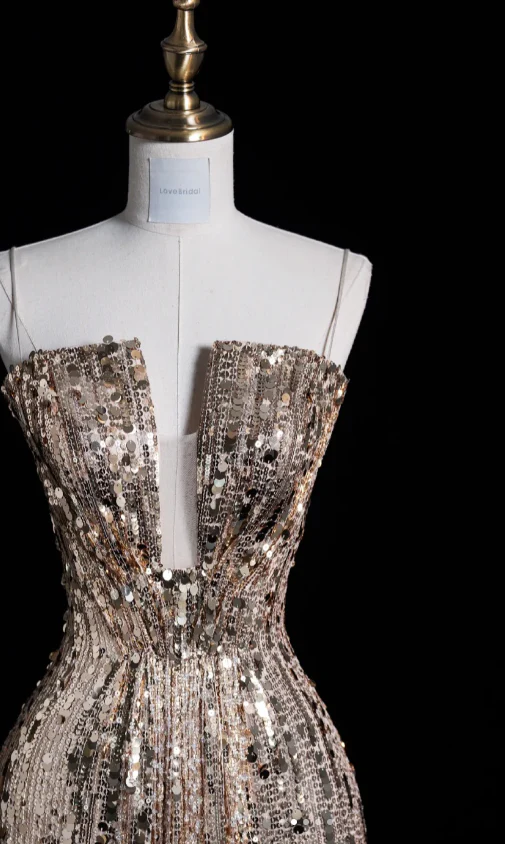 Elegant Spaghetti Strap Sheath Long Prom Dresses Sequins Champagne Evening Dresses DP3284 - Deanwangkt