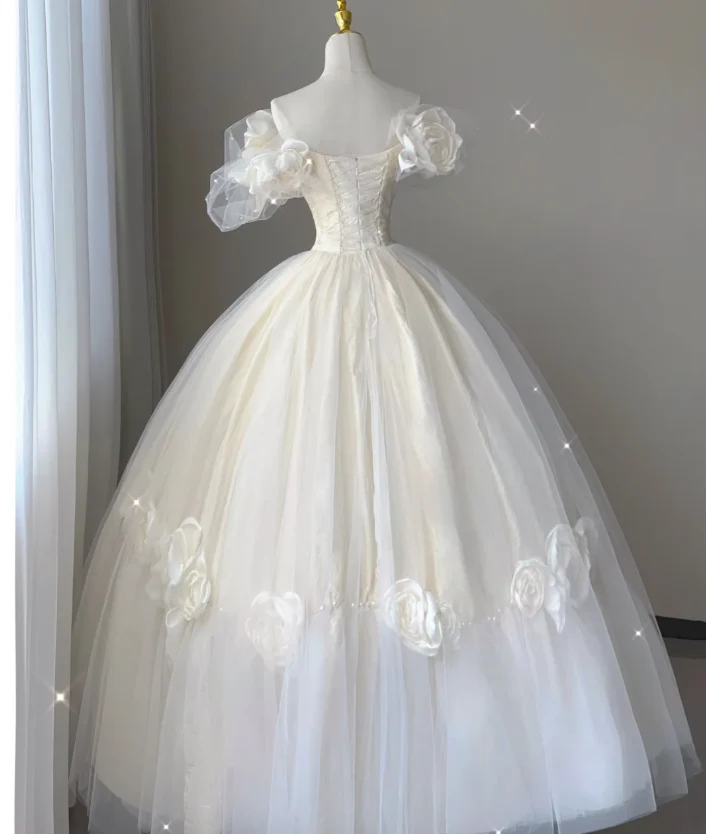 Timeless Ball Gown Off The Shoulder Short Sleeves Tulle Flowers Wedding Dresses Brides Dress DP444 - Deanwangkt