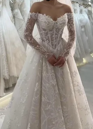 Timeless Bridal Gown Ball Gown Off The Shoulder White Lace Appliques Long Sleeves Wedding Dresses Elegant Bridal Gowns DH952 - Deanwangkt