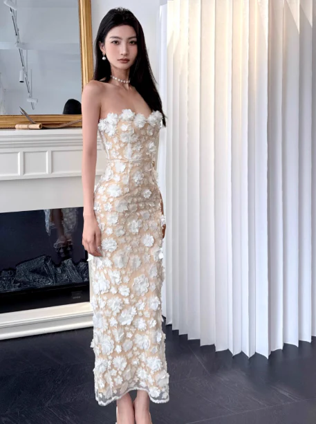 Elegant Strapless Sheath Applique Long Prom Dresses, Tulle Evening Dresses DP3105 - Deanwangkt