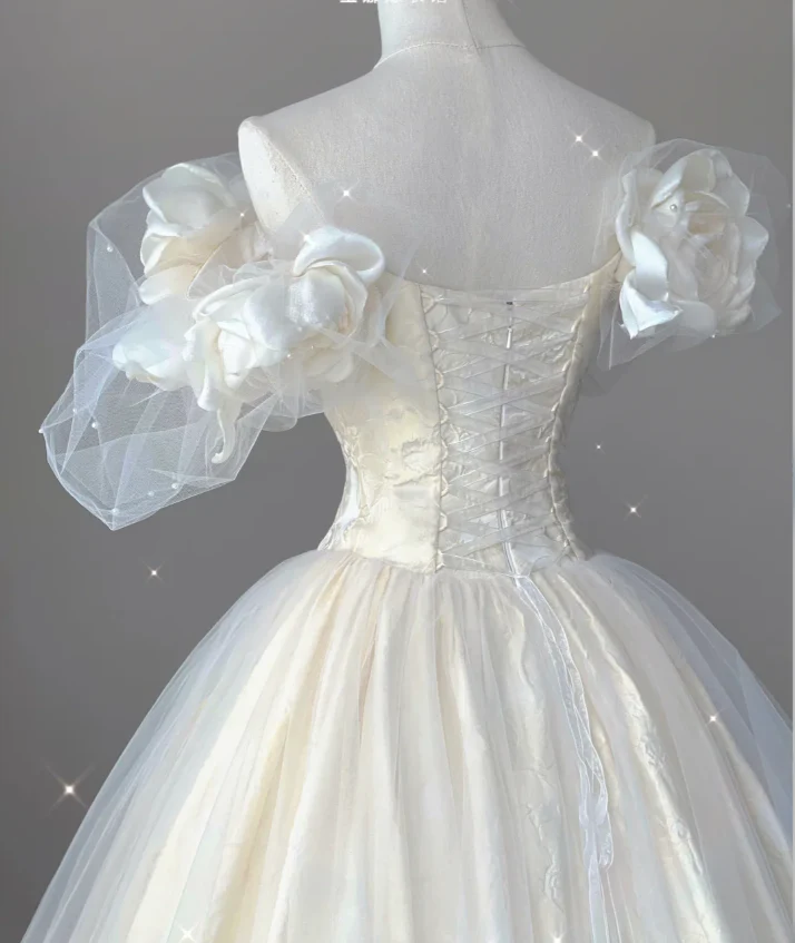 Timeless Ball Gown Off The Shoulder Short Sleeves Tulle Flowers Wedding Dresses Brides Dress DP444 - Deanwangkt