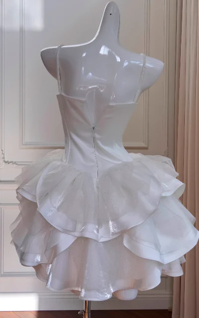 Sexy Spaghetti Strap Ball Gown Short Prom Dresses Satin Tulle Sleeveless Birthday Dresses, White Homecoming Dresses DP3087 - Deanwangkt