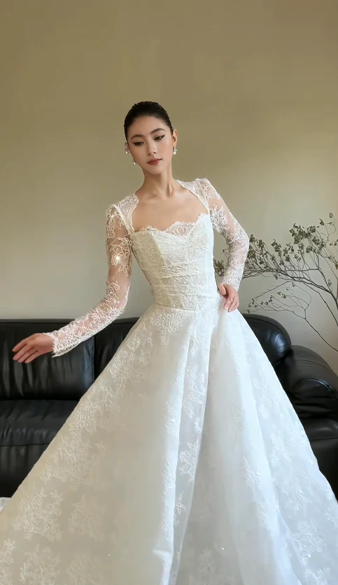 Simple A-Line Wedding Dresses with Appliques White Lace Bridal Gowns Long Sleeve Bridal Dresses DP3286 - Deanwangkt