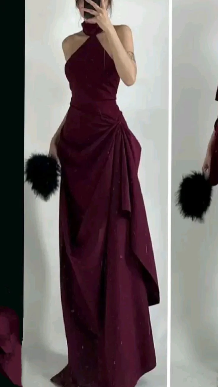 Pretty A line High Neck Burgundy Chiffon Night Dinner Evening Dresses Formal Summer Wedding Guest Dresses Wedding Guest Outfits DP2235 - Deanwangkt