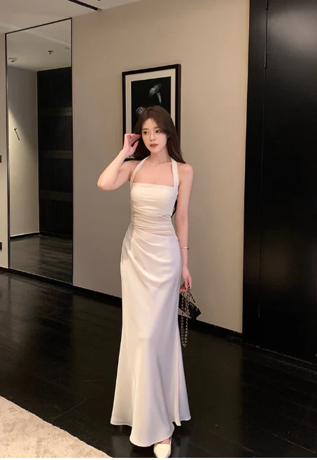 Elegant Halter Mermaid Satin Long Prom Dresses White Formal Evening Dresses  DP2980 - Deanwangkt