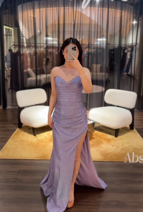 Elegant Sheath Purple Long Prom Dresses Swetheartneck Glitter Purple Evening Dresses With Slits DP04018 - Deanwangkt