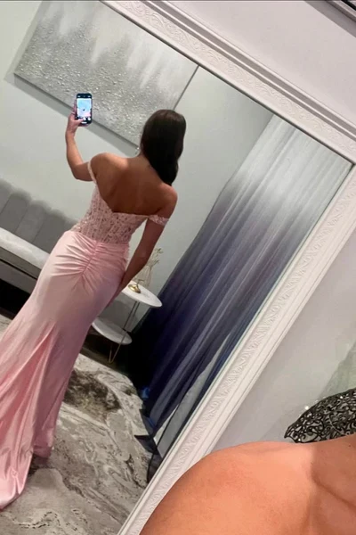Pink Off-the-Shoulder Long Mermaid Prom Dress with Slit Graduation Dress DP480 - Deanwangkt