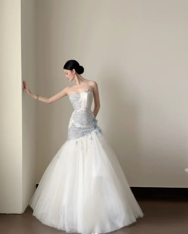 Simple Strapless Mermaid Wedding Dresses Tulle White Bridal Gowns DP3329 - Deanwangkt