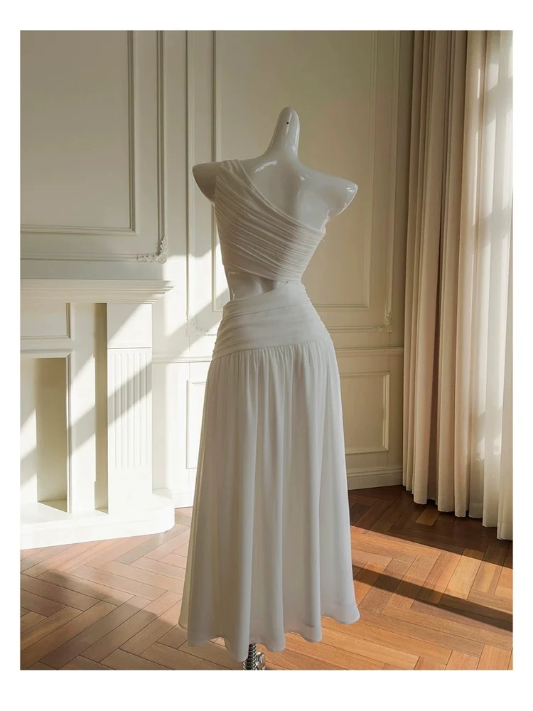 Elegant A line One Shoulder Sleeveless White Long Evening Party Gowns Evening Formal Dresses Prom Dress W897 - Deanwangkt