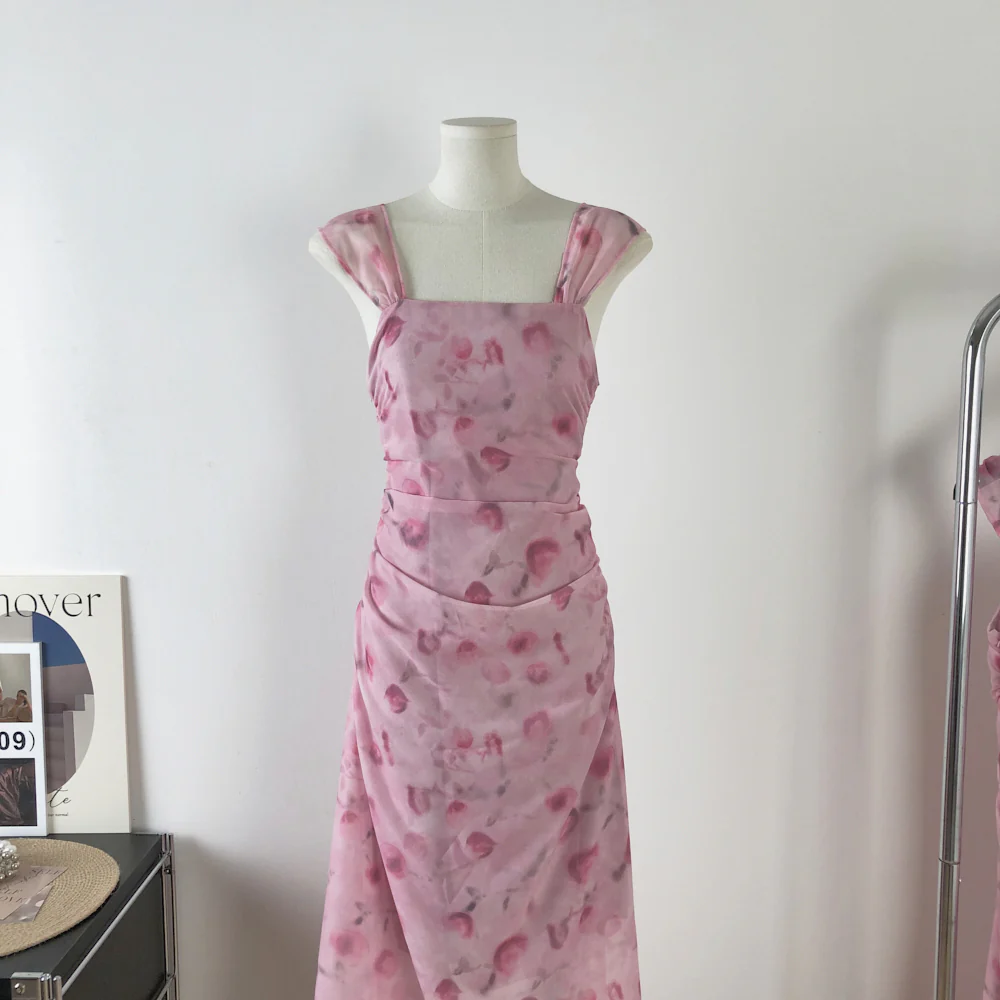 Sexy Sheath Straps Floral Pink Summer Dress Holiday Party Outfits For Women DP0103 - Deanwangkt