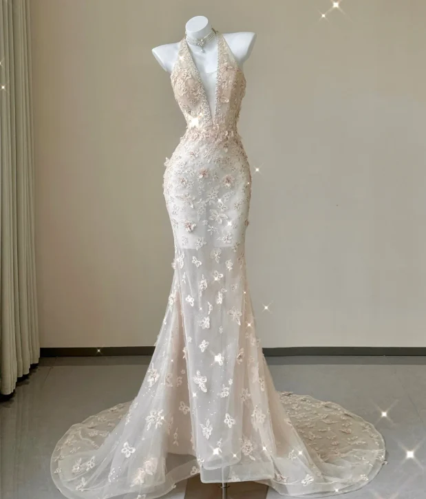 Classy Mermaid Halter Pink Lace Sleeveless Evening Dress Long Prom Dresses P0013 - Deanwangkt