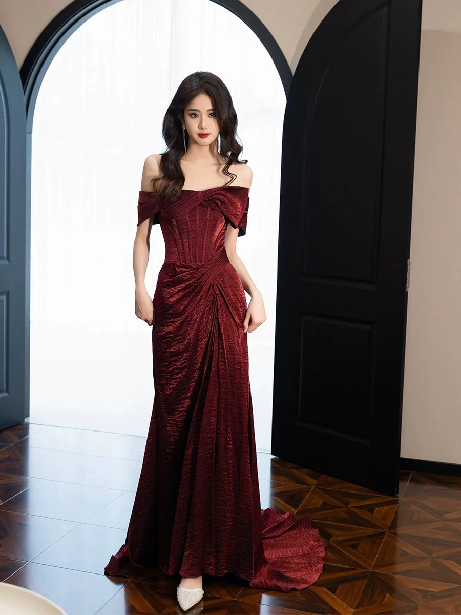Classy Mermaid Off The Shoulder Burgundy Satin Slit Evening Dress Long Prom Dresses H2875 - Deanwangkt