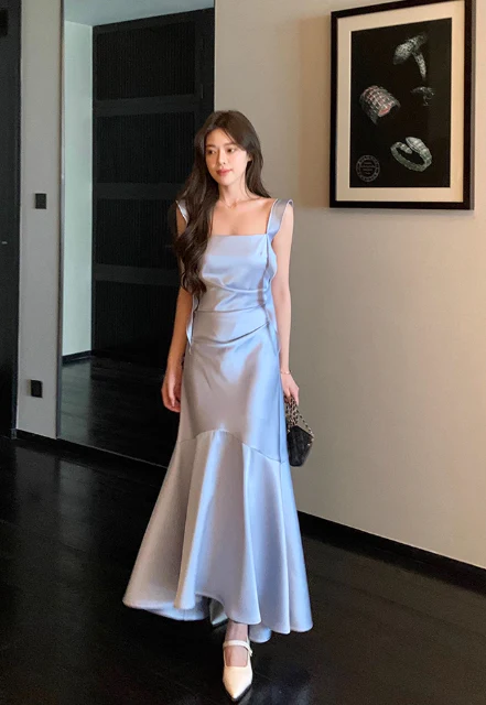Elegant Spaghetti Strap Mermaid Satin Long Formal Evening Dress Cute Graduation Dress DP2906 - Deanwangkt
