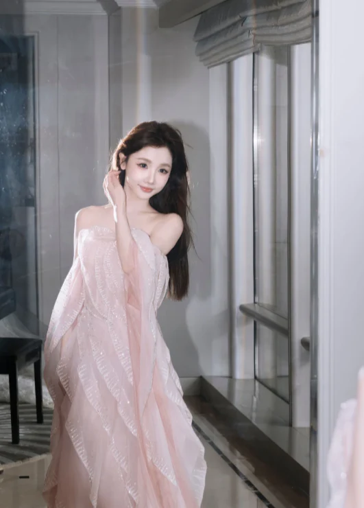 Sweet Strapless Sheath Long Prom Dresses Tulle Pink Evening Dresses DP3694 - Deanwangkt