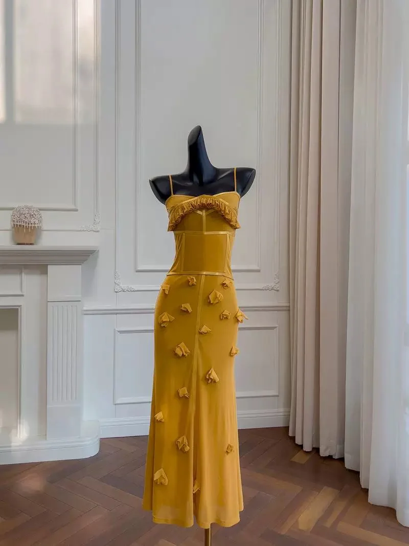 Elegant Mermaid Spaghetti Straps Yellow Sleeveless Long Evening Party Gowns Evening Formal Dresses Prom Dress W923 - Deanwangkt