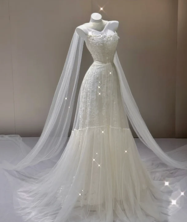 Elegant A Line Strapless White Lace Sleeveless Long Wedding Dresses Brides Dress P0014 - Deanwangkt