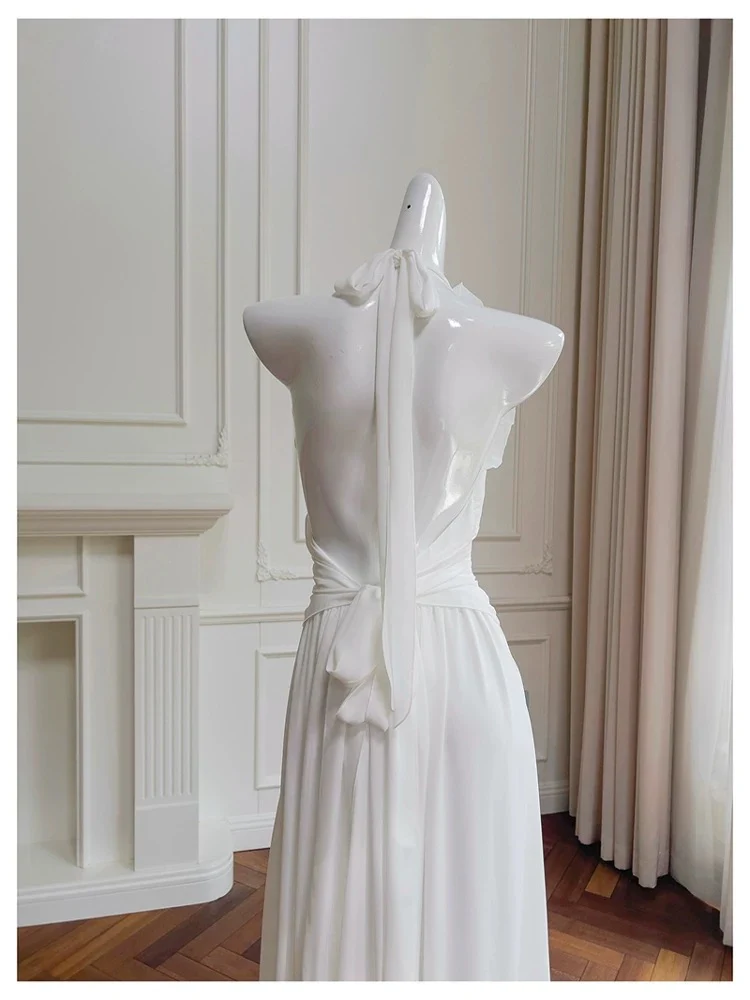 Elegant A line Halter White Sleeveless Chiffon Long Evening Party Gowns Evening Formal Dresses Prom Dress W885 - Deanwangkt