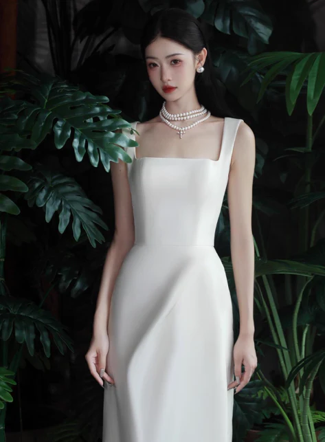 Elegant Square Neck Sheath Long Prom Dresses Satin White Evening Dresses DP3316 - Deanwangkt