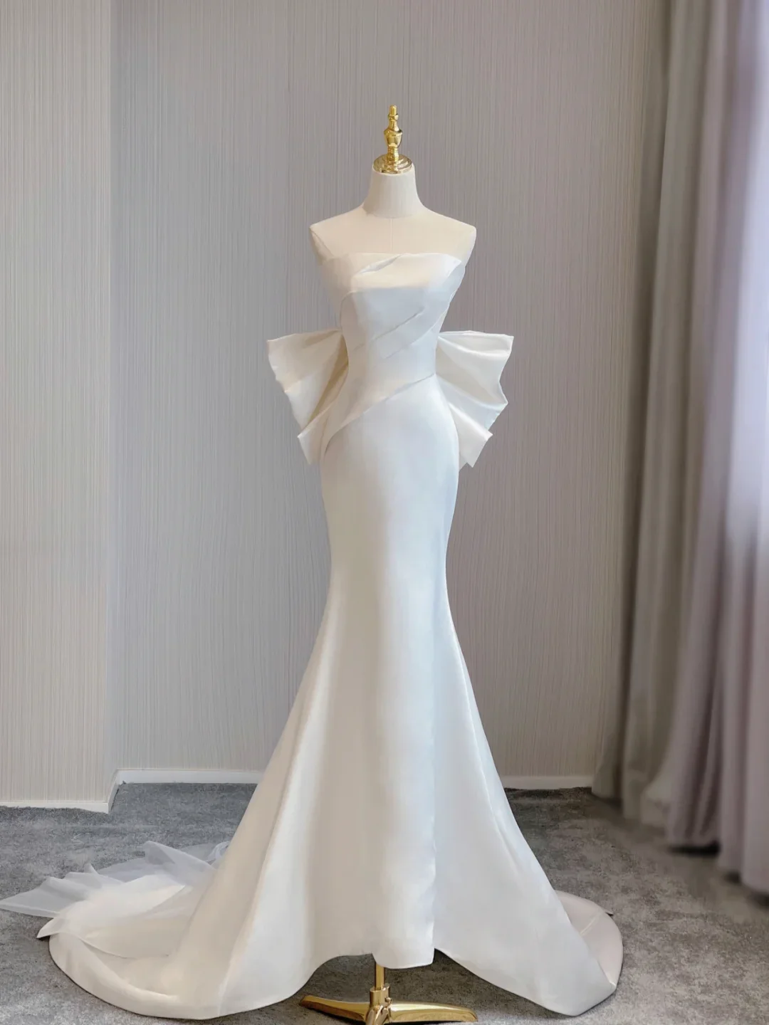 Simple Mermaid Strapless Neckline Long Satin Wedding Dresses Brides Dress With Bow-knot DP374 - Deanwangkt