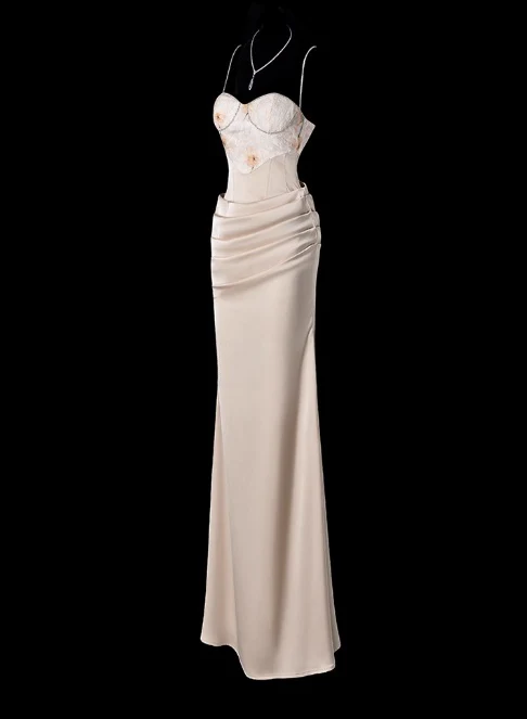 Chic Spaghetti Strap Sheath Wedding Guest Dress, Satin Champagne Formal Dresses DP3231 - Deanwangkt
