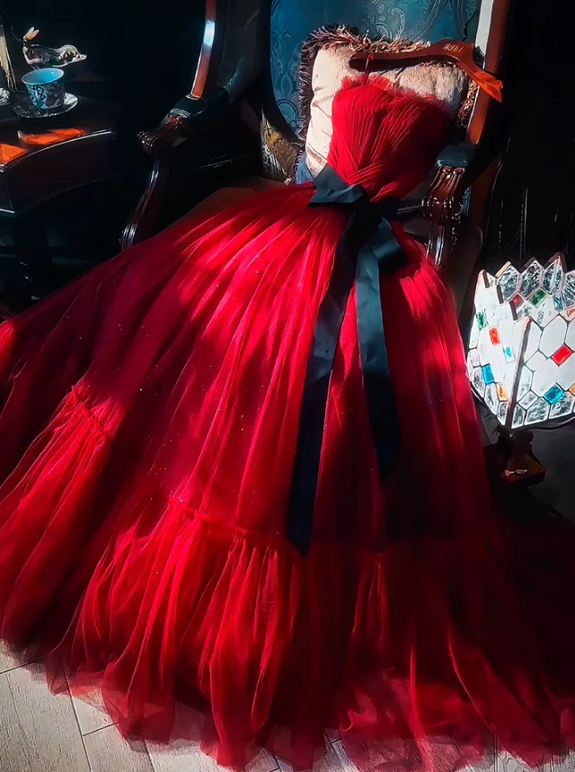 Elegant Strapless A-Line Tulle Long Formal Evening Dress Burgundy Sweet 16 Dress DP2908 - Deanwangkt