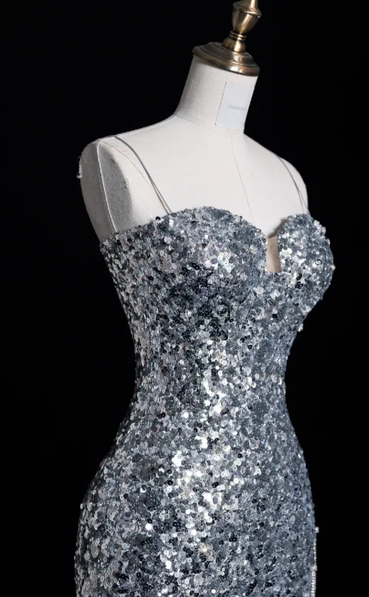Elegant Spaghetti Straps Mermaid Long Prom Dresses Silver Sequin Formal Dresses Sleeveless Evening Dresses DP3277 - Deanwangkt