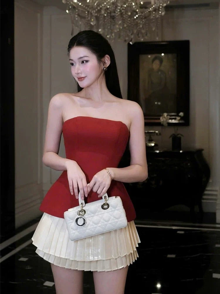 Cute A Line Strapless Satin Red Short Mini Formal 8th Grade Homecoming Dresses Middle School Cocktail Dress Hoco Outfits DH2632 - Deanwangkt