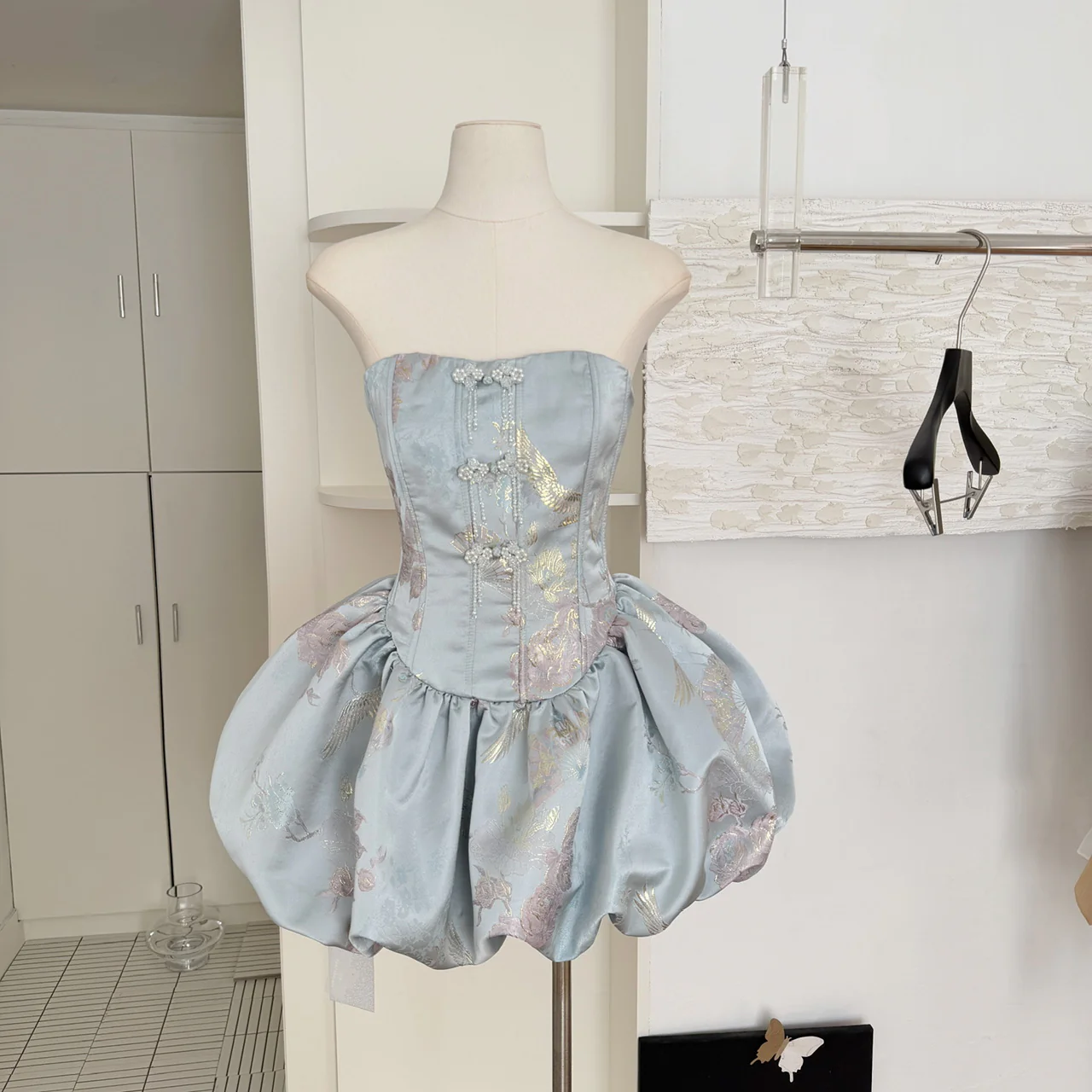 Cute Ball Gown Strapless Satin Floral Pink Short Summer Dress Holiday Party Outfits For Women DP0097 - Deanwangkt