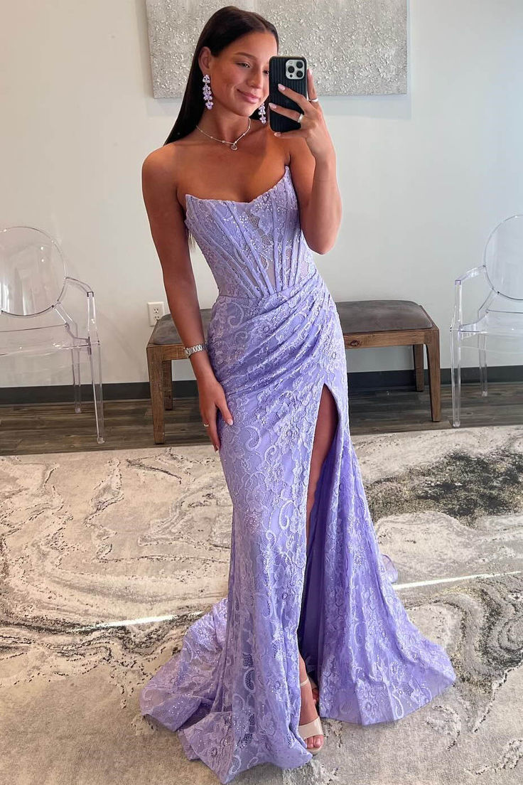 Pretty Long Strapless Lace Mermaid Formal Prom Dress with Slit DP306 - Deanwangkt