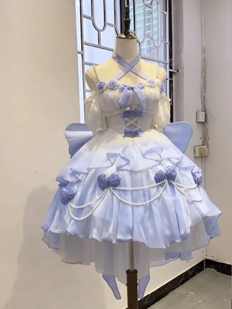 Vintage Ball Gown Spaghetti Straps Short Chiffon Summer 18th Birthday Dress High Low Ombre Blue Pearls Lolita Dress Birthday Outfits W1231 - Deanwangkt