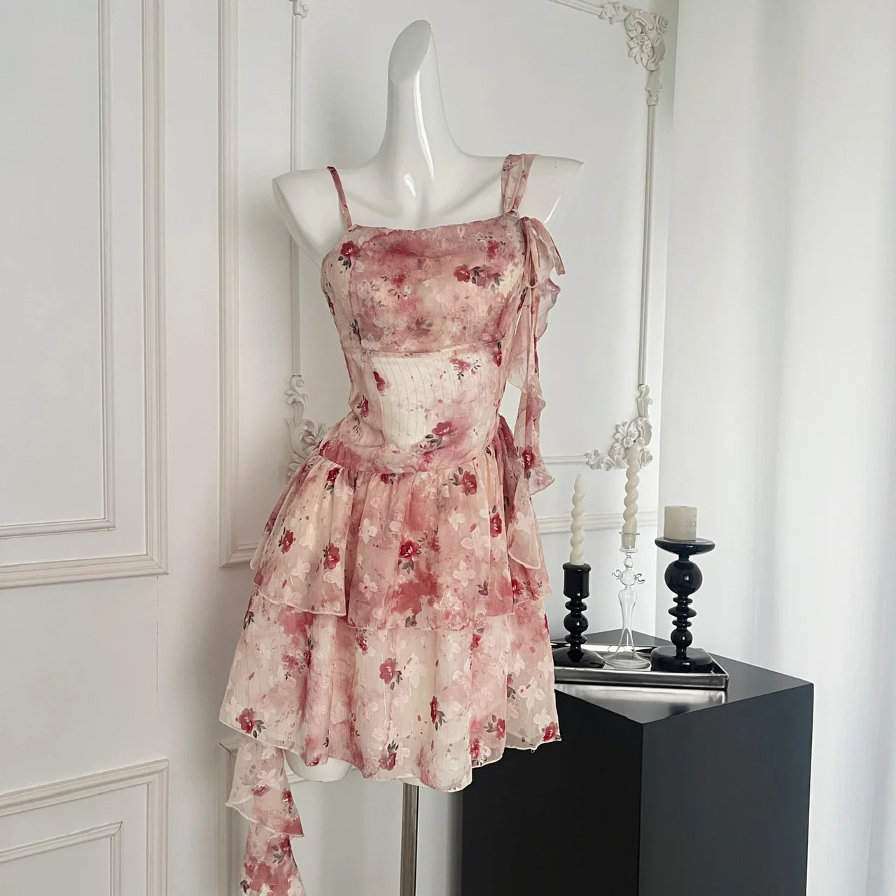 Sweet A Line Straps Pink Floral Summer Short Dresses DP0014 - Deanwangkt