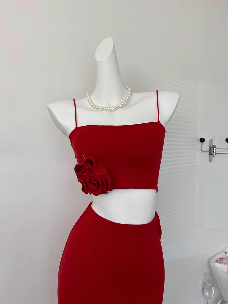 Cute Mermaid Spaghetti Straps 2 Pieces Red Long Summer Dress For Women DP0013 - Deanwangkt