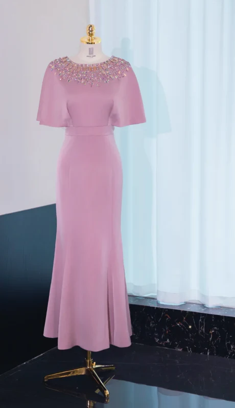 Modest Jewel Mermaid Mother of the Bride Dresses, Satin Dusty Pink Evening Dresses DP3238 - Deanwangkt