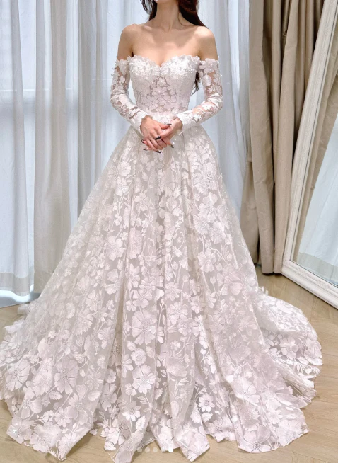Fairy Off-the-shoulder A-Line Long Wedding Dresses Tulle Applique White Bridal Gowns Long Sleeve Bridal Dresses DP3735 - Deanwangkt
