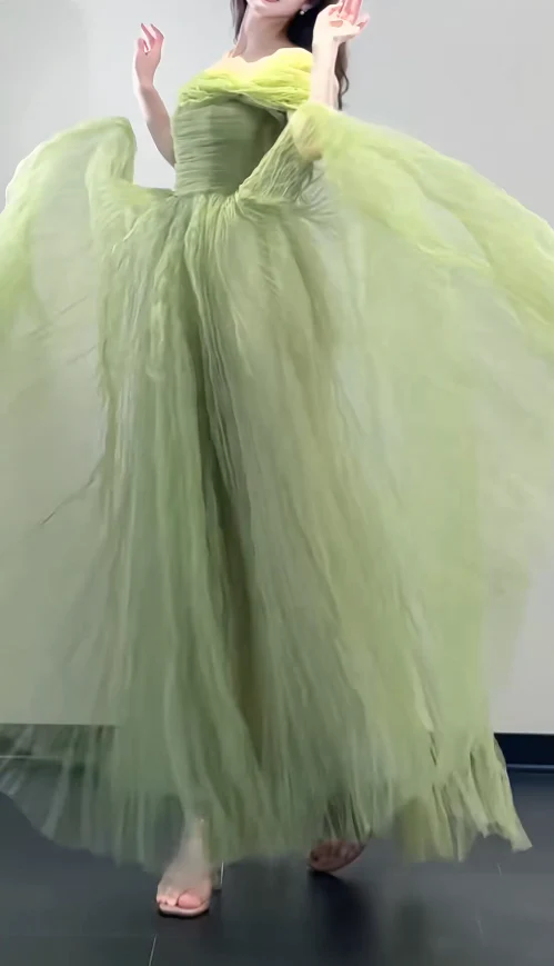 Cute Off-the-shoulder A-Line Green Long Prom Dresses Tulle Green Birthday Dresses Sweet 16 Dress DP3769 - Deanwangkt