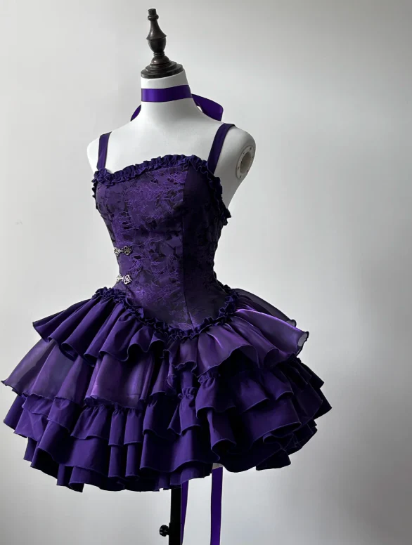 Cute Spaghetti Strap Ball Gown Tiered Chiffon Birthday Dresses Purple Lolita Dresses DP3680 - Deanwangkt