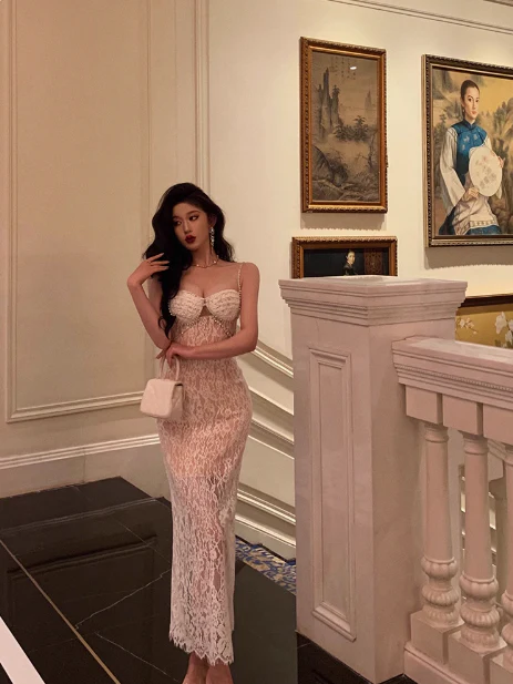 Elegant Glamour Sheath Spaghetti Straps White Lace Prom Gowns Party Dress Classy Gowns Evening Dresses DP1436 - Deanwangkt